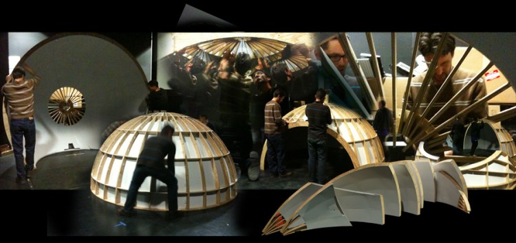 ARTS Lab crew assemblinb the iDome, a semi-portable hemispheric projection surface.